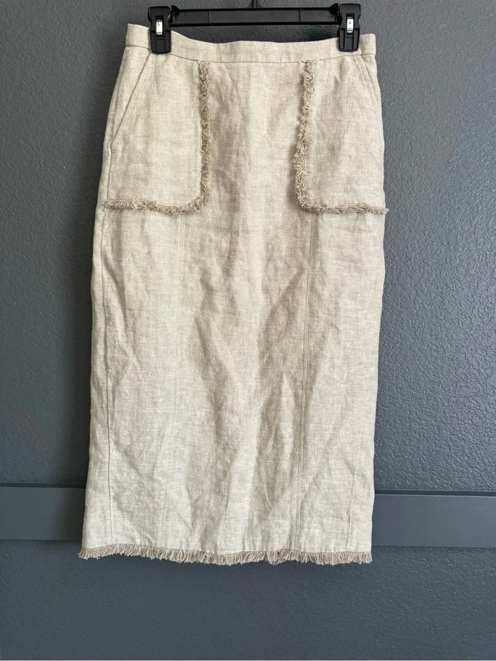 J.CREW • Linen fringe midi pencil skirt beige - size 4 classic